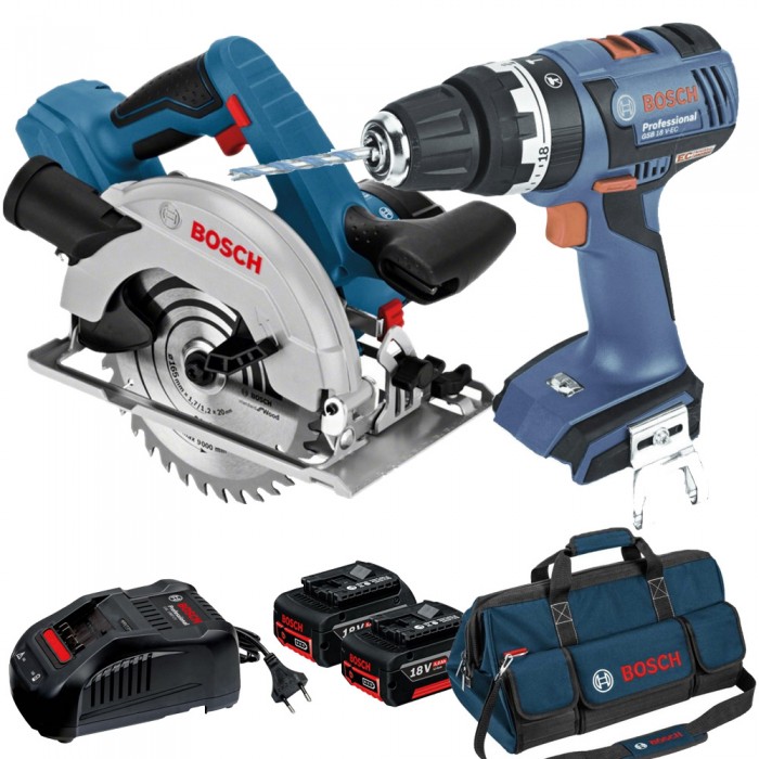 PRO-MIX 18V: Циркуляр GKS 18V-57+Винтоверт GSB 18V-EC+2х18V/5.0Ah+Зарядно GAL 1880CV+чанта